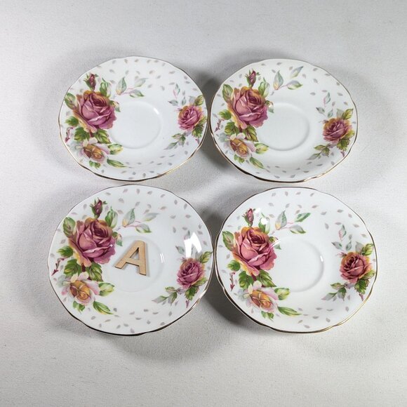 Vintage Paragon Golden Emblem set of 8 saucers, pink cabbage rose double warrent - Picture 4 of 9